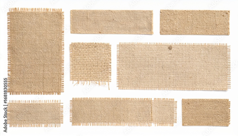 Fototapeta premium Grid of frayed burlap fabric swatches on white background, showcasing coarse texture and natural fiber variation