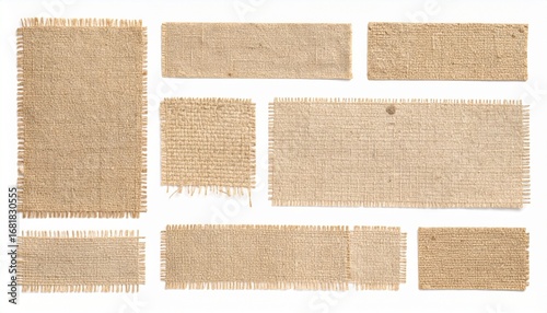 Grid of frayed burlap fabric swatches on white background, showcasing coarse texture and natural fiber variation