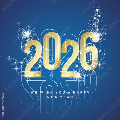 Happy New Year 2026 line and bold light white golden shining typography with sparkle firework and glass numbers shadow on blue isolated background icon logo