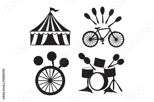 Circus icons tent bicycle unicycle and drum set