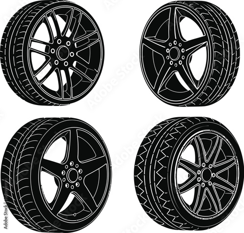 Car wheels and tires vector illustration automobile parts design
