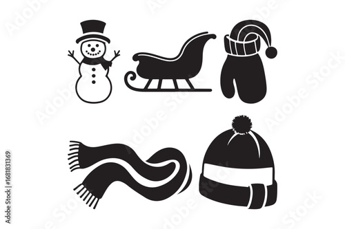 Winter holiday icons snowman sleigh mittens scarf and hat