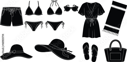 Summer beach vacation essentials swimwear sunglasses and beachwear