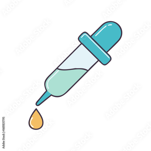 A stylized eye dropper with light blue liquid and a yellow drop