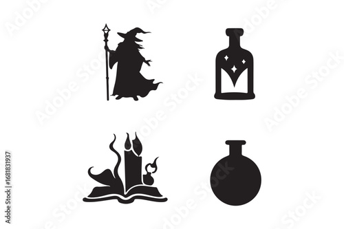 Four halloween icons wizard potion candle and book