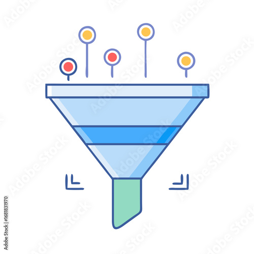 Data filtering and analysis concept represented with a funnel and markers