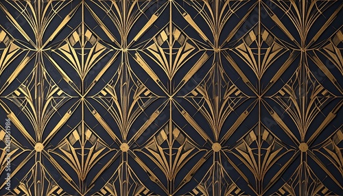 Symmetrical Art Deco pattern with gold fan shapes and geometric lines on dark background