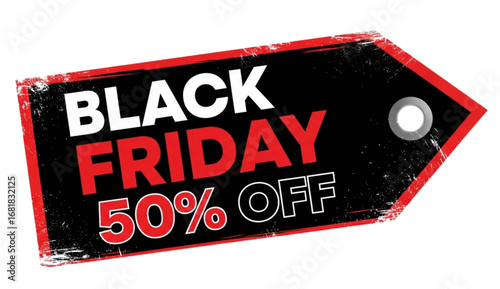 Black Friday sale tag with 50% off, a bold statement for promotions and retail deals