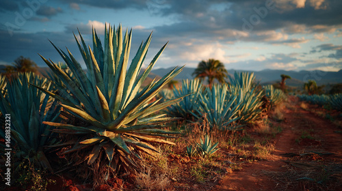 Campo de agaves majestuoso y sereno al atardecer en Jalisco, México.

