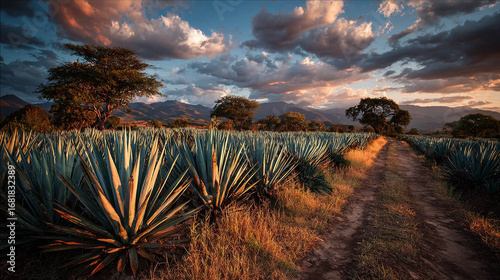 Campo de agaves majestuoso y sereno al atardecer en Jalisco, México.

