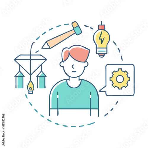 Icon of a creative individual surrounded by symbols of creative thought process