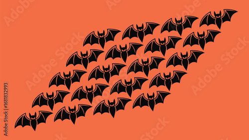 Spooky black bats swarm across a vibrant orange Halloween background creating a festive holiday pattern