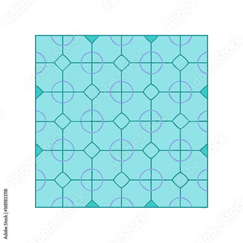 Abstract geometric pattern with squares circles and triangles in shades of blue