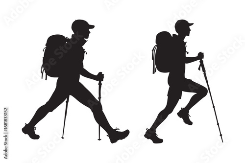 Silhouettes of hikers with backpacks and trekking poles