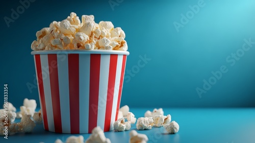 Freshly made popcorn in a striped bucket on a blue background.