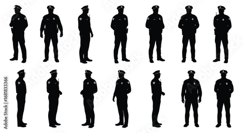 Silhouettes of police officers in various poses and uniforms standing