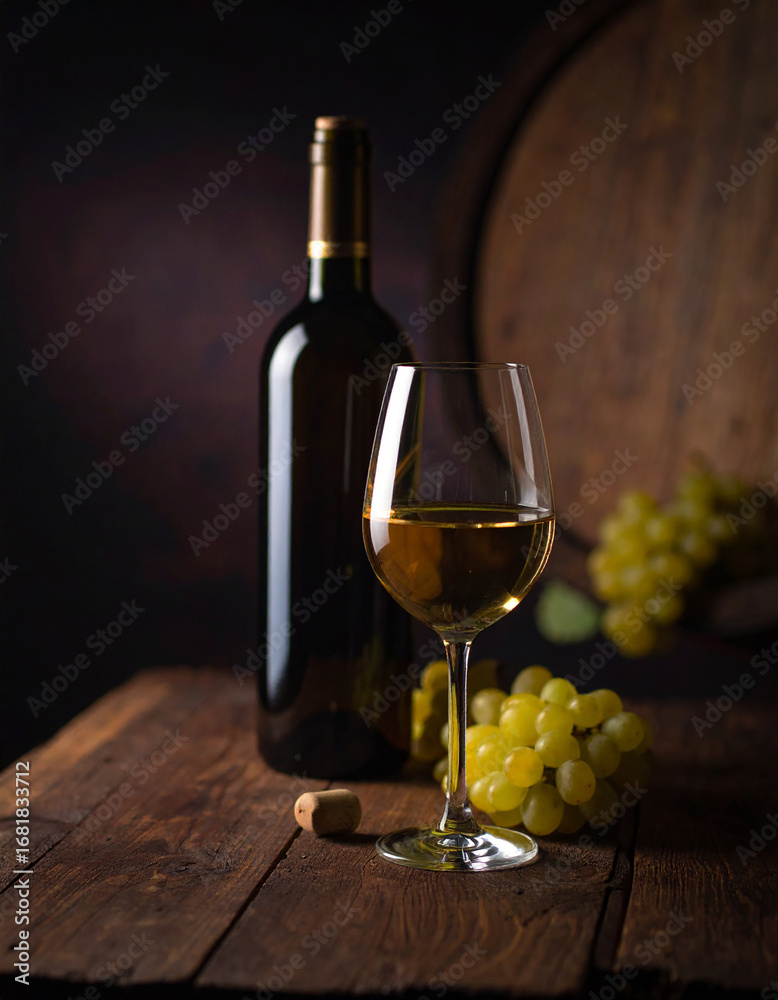 Fototapeta premium Generated Cinematic Wine Cellar Still Life: Unlabeled Bottle, Glass, and Grapes on a Rustic Wooden Table, Capturing Soft Studio Light and a Warm Atmosphere