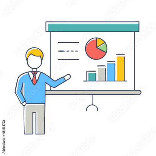 Business Presentation with Data Charts and Graphs Illustrated in Simple Flat Design