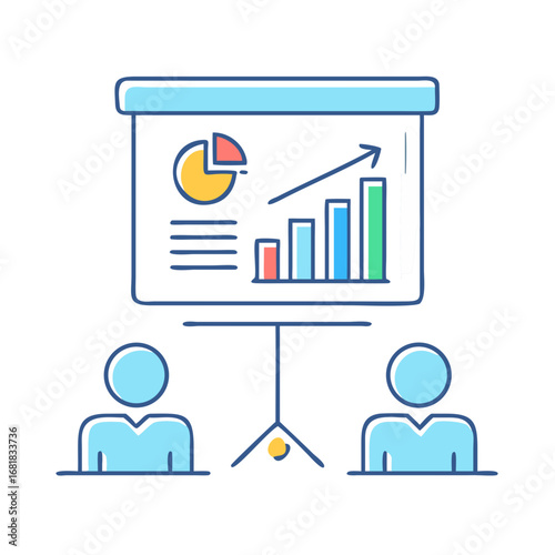 Business presentation with bar and pie charts with an upward trending arrow