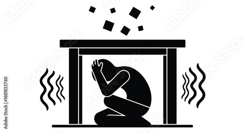 Earthquake safety illustration, showing person under table
