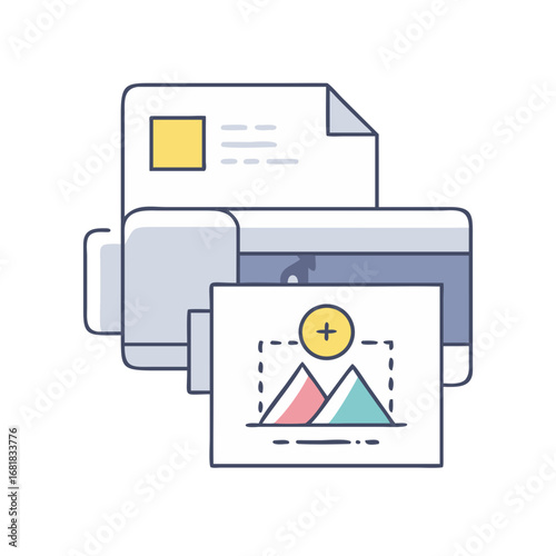 Stylized illustration of a printer printing documents and an image
