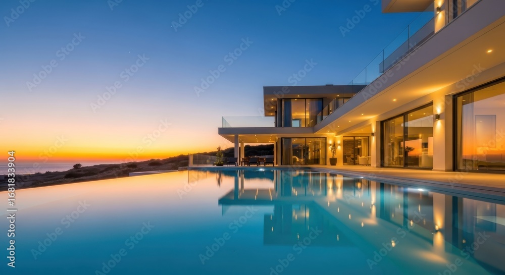 Fototapeta premium Luxury Villa Infinity Pool Overlooking Ocean at Sunset Coastal Living Real Estate and Vacation Home Dream Destination Tropical Getaway