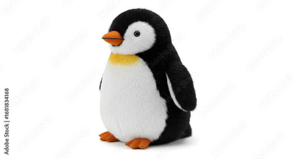 Fototapeta premium Plush penguin toy with round body, black and white fur and orange beak, realistic style, isolated on white background