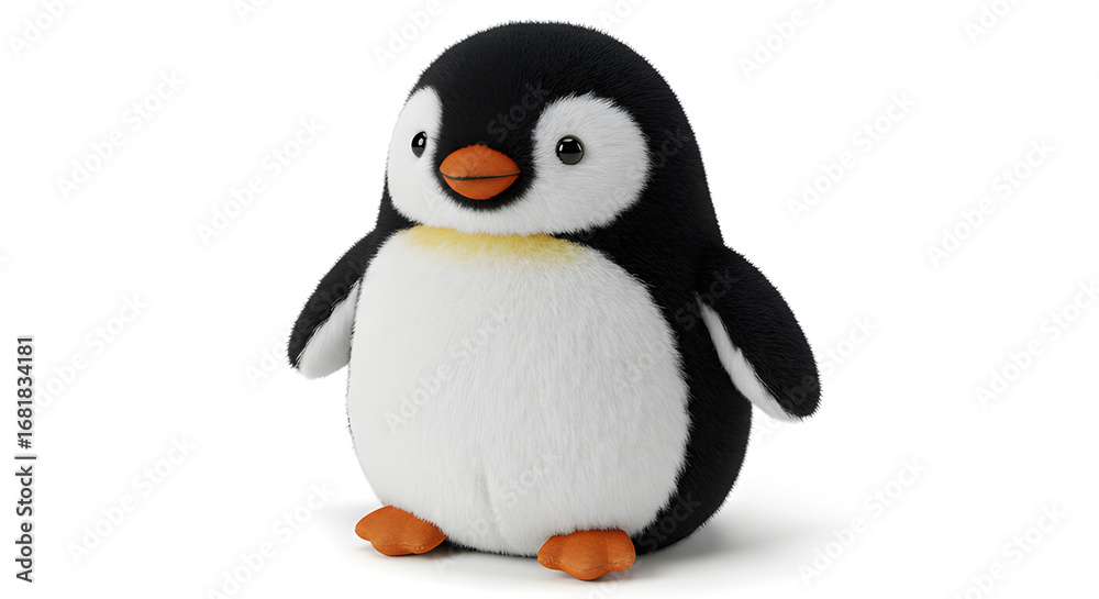 Fototapeta premium Plush penguin toy with round body, black and white fur and orange beak, realistic style, isolated on white background