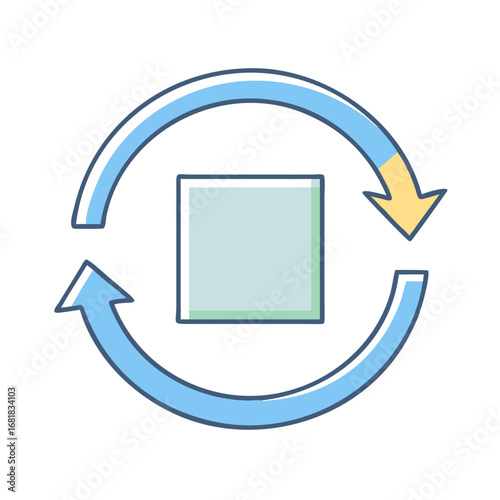 Cycle of action, return to origin, looping arrow surrounding a pastel square