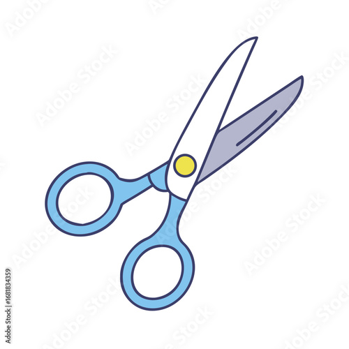 Stylized image of open blue scissors with purple blades and yellow accent