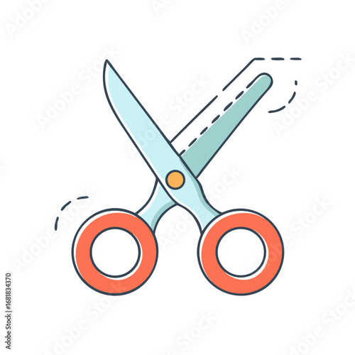 Illustration of open craft scissors with orange handles and blue blades