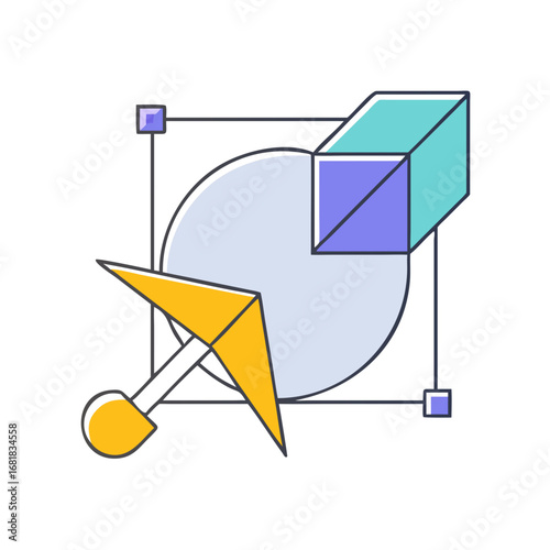 Stylized abstract composition featuring geometric shapes and a design cursor framework