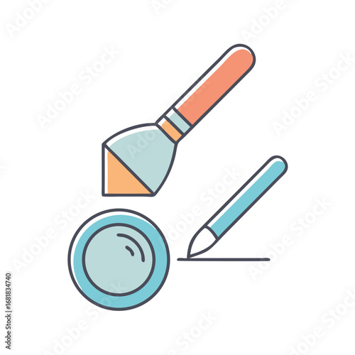 Stylized makeup application tools including brush, cosmetic product and eyeliner pencil