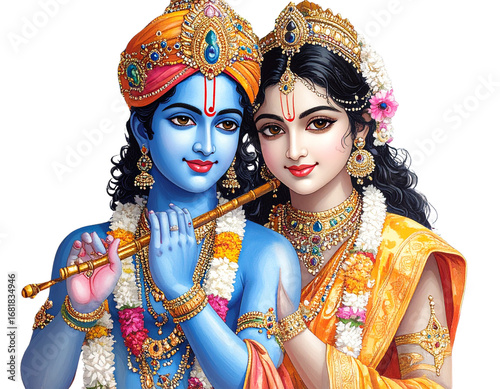  Traditional Indian Painting of Lord Krishna Playing Flute with Radha Beside Him, Vibrant Colors, Isolated on Transparent Background (3)