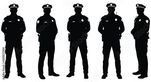 Five police officers standing in a row in black silhouette against white background