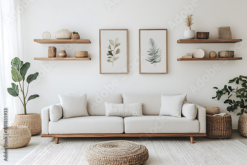 Modern living room interior with sofa and stylish furniture decor