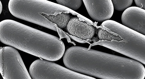 Microscopic view of bacterial cell lysis, a scanning electron micrograph showing rod-shaped bacilli releasing internal endospores for survival