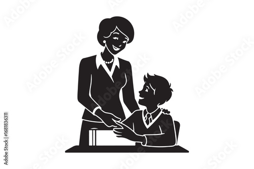 Teacher and student smiling together at a desk
