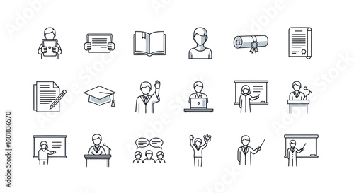 Education and learning icons representing knowledge, school, and student life