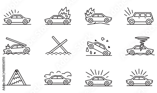 Vector line art collection of car accident and emergency symbols including wreck, breakdown, collision, fire, storm, and theft for transportation graphics