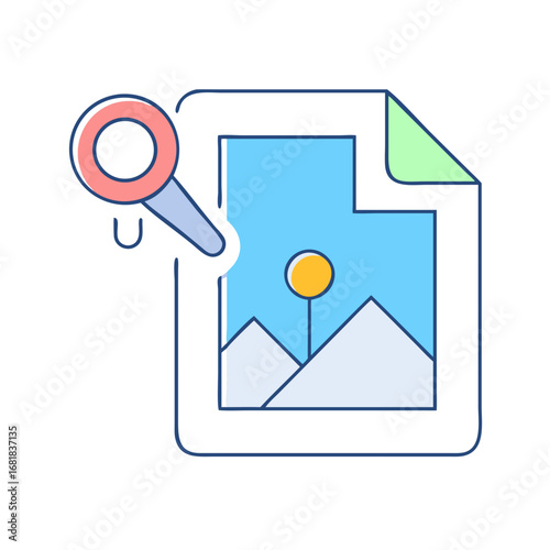 Searching for Images concept, Magnifying Glass over Document with Image Inside