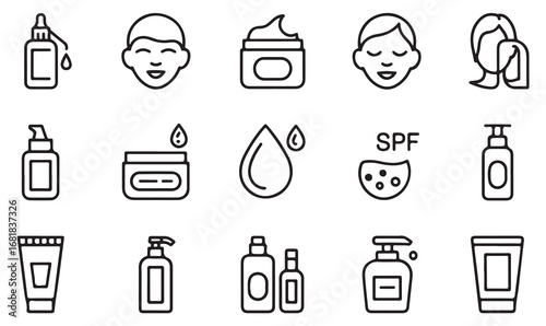 Beauty and skincare outline icons featuring bottles, jars, tubes, liquid drops, soap dispensers, and face for cosmetic, hygiene, and wellness design concepts