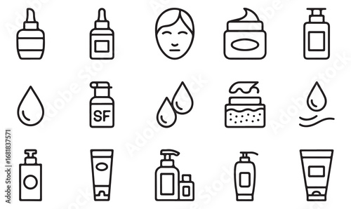 Vector line art collection of cosmetic and personal care products including cream, drops, serum, soap, shampoo, and face for wellness and spa illustration