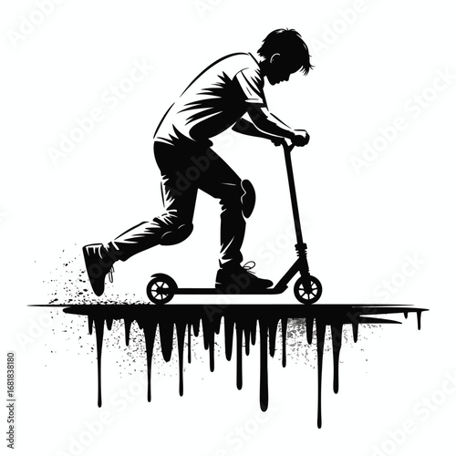 Dynamic Monochrome Kick Scooter Rider Illustration – High-Energy Vector Artwork Depicting Action-Packed Scooter Movement, Perfect for Sports, Urban, and Youth-Themed Design Projects and Apparel.