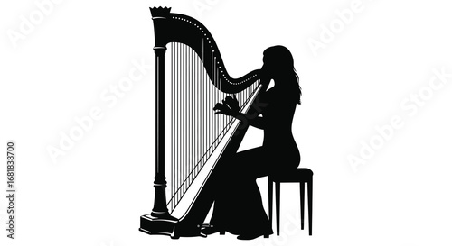 Woman playing a harp in a musical performance setting