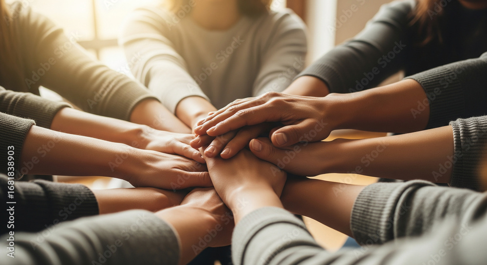 Fototapeta premium Diverse hands coming together in circle showing unity and mental health support