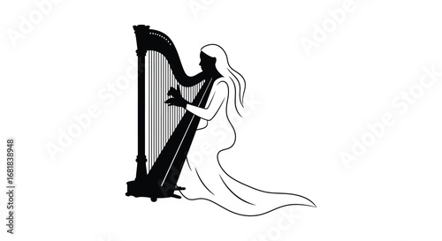 Woman playing a harp in a simple line drawing style