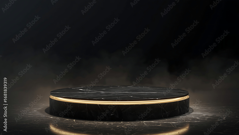 Obraz premium Black Marble Pedestal with Golden Rim, Dark Background (AI Generated)