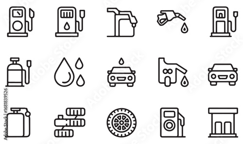 Outline icon set of fuel and service station elements including gasoline pump, jerrycan, car wash, wheel, and LPG cylinder in thin stroke illustration style
