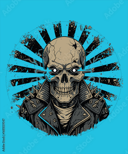  Rebellious Punk Skull in Spiked Leather Jacket Vector Illustration
